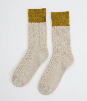 コットンウールケーブルバイカラーソックス(ベージュ/イエロー-ONESIZE)