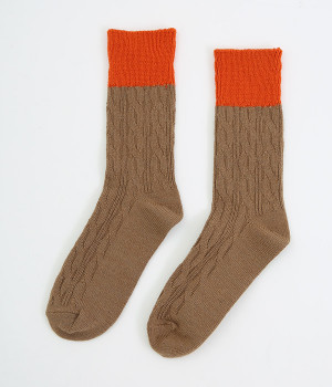コットンウールケーブルバイカラーソックス(ブラウン/オレンジ-ONESIZE)