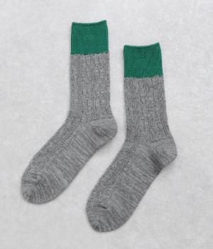 コットンウールケーブルバイカラーソックス(グレー/グリーン-F)