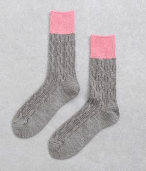 コットンウールケーブルバイカラーソックス(モカ/ピンク-F)