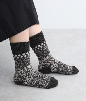 ウールコットンジャカードソックス(チャコール-ONESIZE)