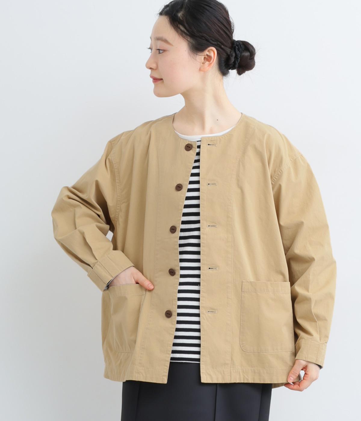 コットンツイルノーカラージャケット(ベージュ-F)
