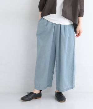 コットンリネン4.5ozデニムワイドパンツ(ライトブルー-ONESIZE)