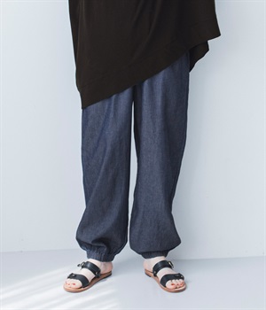 コットンリネン4.5ozデニムヘムゴムパンツ(ネイビー-ONESIZE)