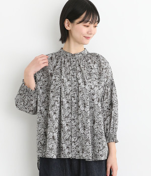 フラワープリントシャーリングブラウス(ブラック-ONESIZE)