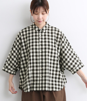 コットンリネンブロードワッシャーワイドシャツ(ブロックチェック-ONESIZE)