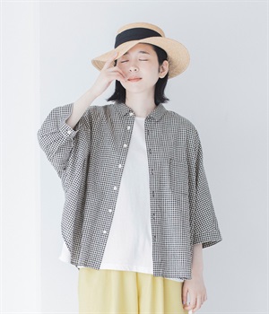 コットンリネンブロードワッシャーワイドシャツ(ギンガム-ONESIZE)