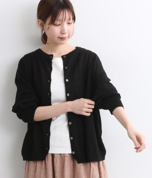 UVカット　リネンニットクルーカーディガン(ブラック-ONESIZE)