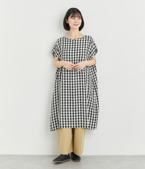 リネンチェックプルオーバーチュニック(ブラック-ONESIZE)