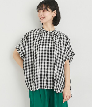 リネンチェックフリルスリーブシャツ(ブラック-ONESIZE)