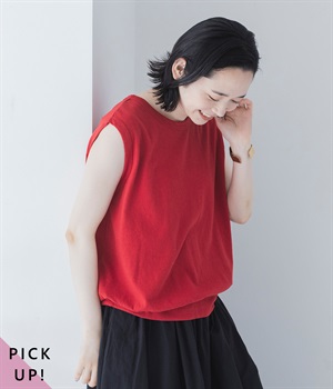 コットンリネンカットソー　ノースリーブプルオーバー(レッド-ONESIZE)