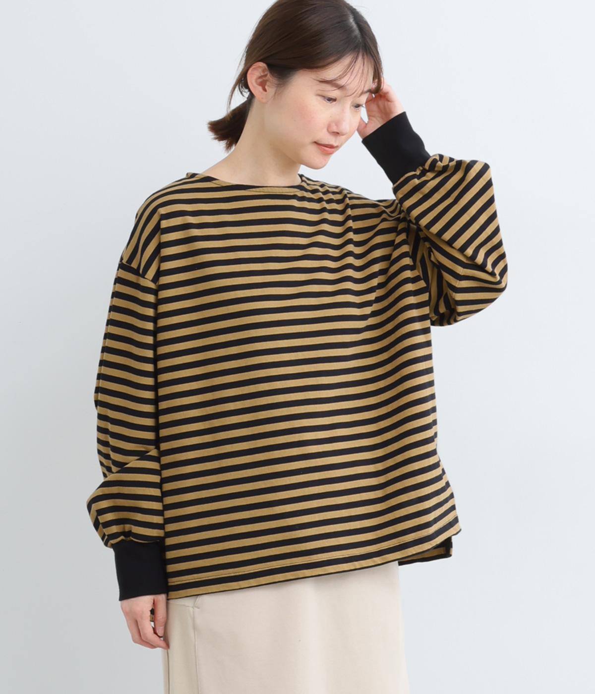 ボーダーカットソーリブドカフスプルオーバー(ベージュ-F)