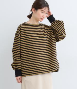 ボーダーカットソーリブドカフスプルオーバー(ベージュ-F)