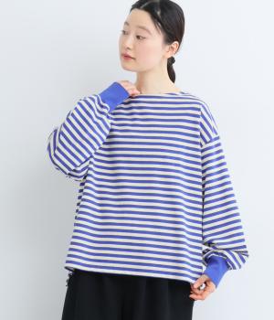 ボーダーカットソーリブドカフスプルオーバー(ブルー-F)