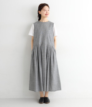 コットンリネンノースリーブワンピース(ブラックシャンブレー-ONESIZE)