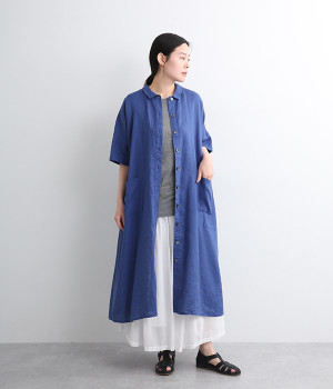 ヘンプワイドシャツワンピース(ブルー-ONESIZE)