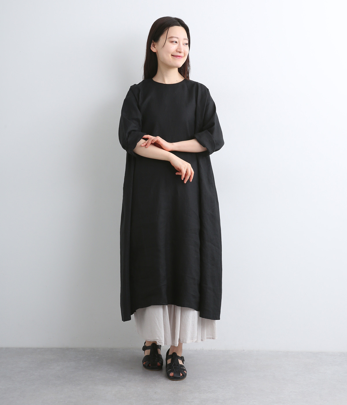 リネンサイドギャザーワンピース(ロング)(ブラック-ONESIZE)