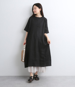 リネンインタックワンピース(ブラック-ONESIZE)