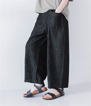 コットンリネンデニムフロントポケットパンツ(ブラック-ONESIZE)