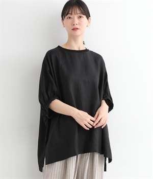 リネンギャザースリーブリブネックプルオーバー(ブラック-ONESIZE)