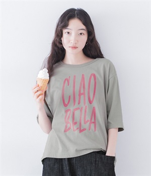 オーガニックコットン6分袖プリントTシャツ CIAO BELLA(グレー-ONESIZE)