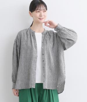 リネンチェック&ストライプギャザーシャツ(ギンガム-F)