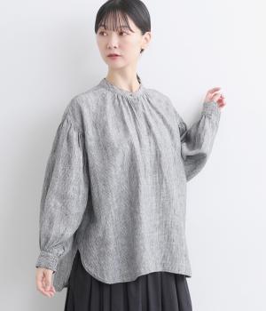 リネンチェック&ストライプギャザーシャツ(グレー-F)