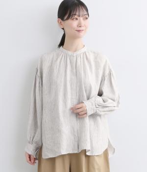 リネンチェック&ストライプギャザーシャツ(ホワイト-F)