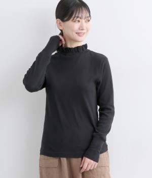 ガーゼカットソーフリルネックTシャツ(ブラック-F)