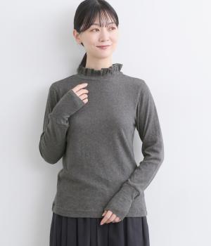 ガーゼカットソーフリルネックTシャツ(ヘザーチャコール-F)
