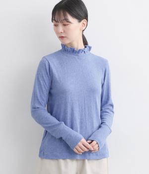 ガーゼカットソーフリルネックTシャツ(ブルー-F)