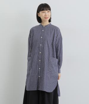 コットンストライプポケットシャツチュニック(ネイビー-F)
