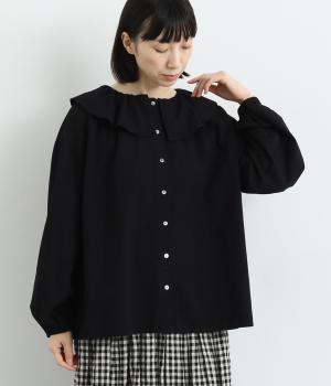 ウォッシャーブロードクロスフリルカラーブラウス(ブラック-F)