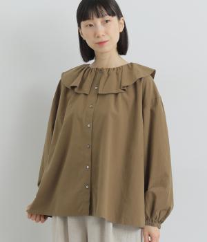 ウォッシャーブロードクロスフリルカラーブラウス(ブラウン-F)