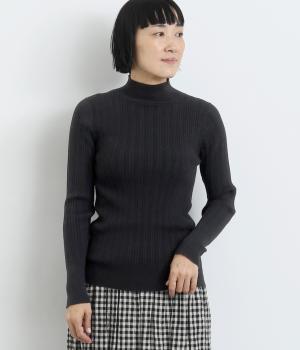 ランダムリブニットモックネックプルオーバー(ブラック-F)