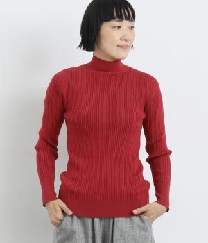 ランダムリブニットモックネックプルオーバー(レッド-F)