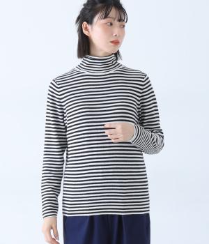 ウォッシャブル　コットンカシミヤニットタートルプルオーバー(ホワイト×ブラック-F)