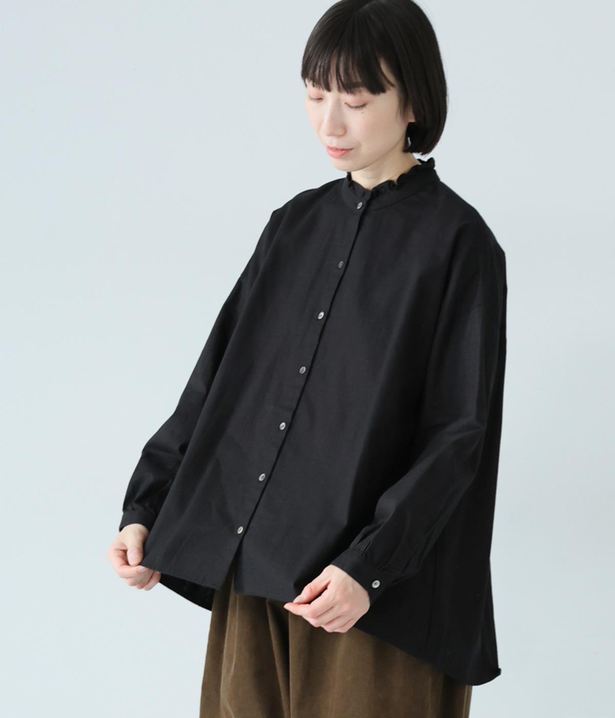コットンリネンフリルネックブラウス(ブラック-F)