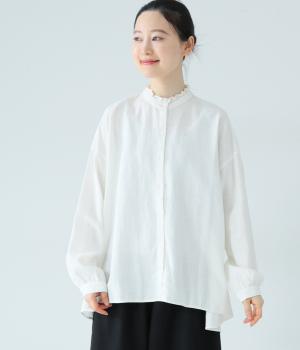 コットンリネンフリルネックブラウス(オフ-F)