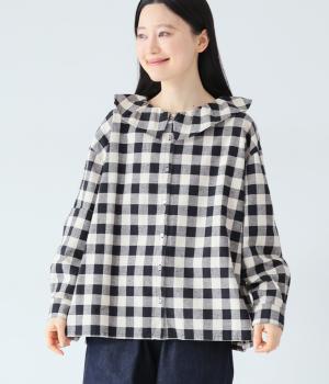コットンリネンチェックラウンドカラーブラウス(ブロックチェック-F)