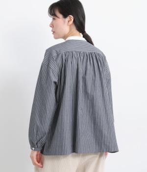 コットンワッシャーストライプクレリックブラウス(ネイビー-F)