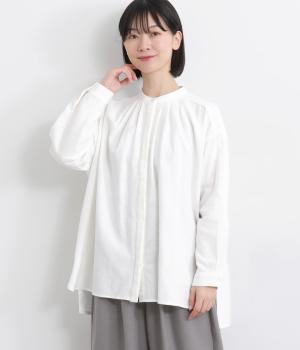 コットンリネンバンドカラーワイドシャツ(ホワイト-F)
