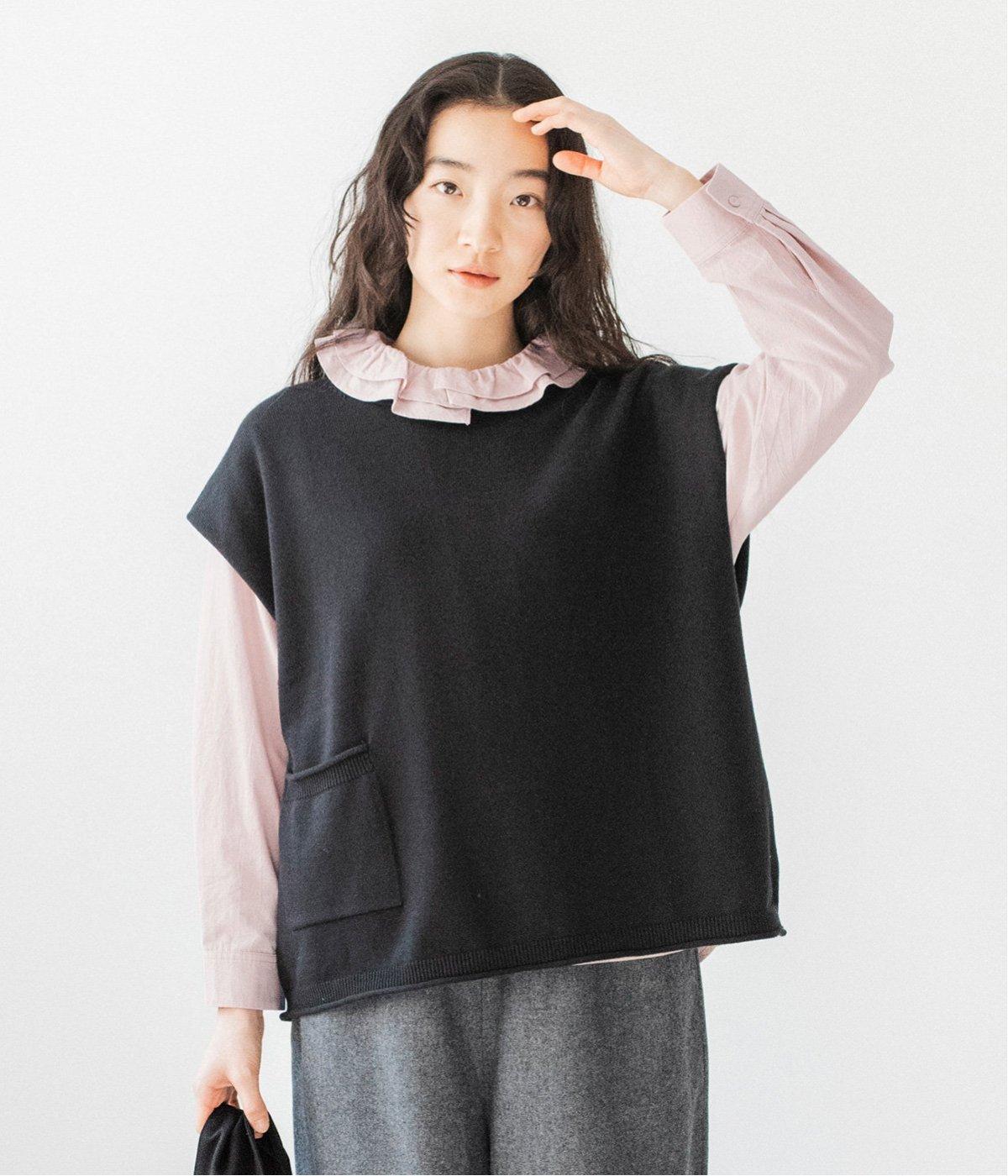 コットンウールミックスベスト(ブラック-F)