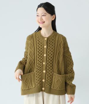 ウールミックスニットアランカーディガン(オリーブ-F)