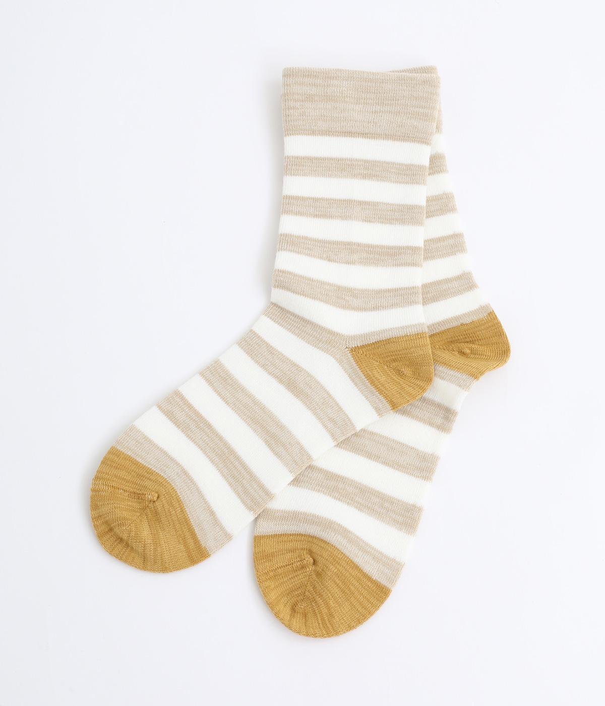 コットンウールボーダーソックス(ベージュ×オフホワイト-F)
