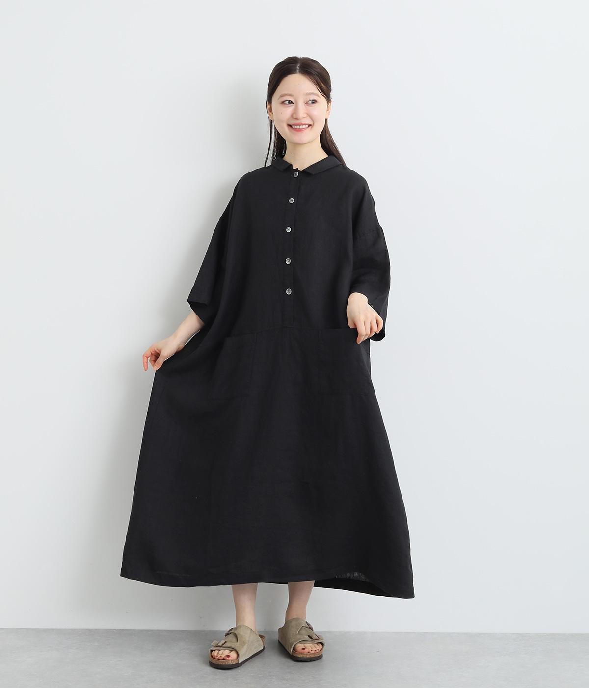 リネンポロカラー6分袖ワンピース(ブラック-ONESIZE)