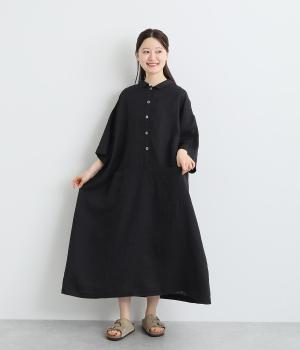 リネンポロカラー6分袖ワンピース(ブラック-ONESIZE)