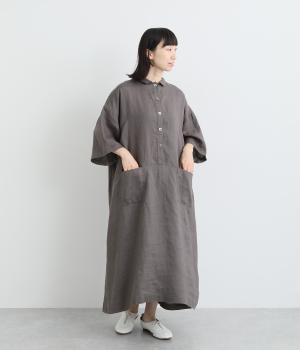 リネンポロカラー6分袖ワンピース(チャコール-ONESIZE)