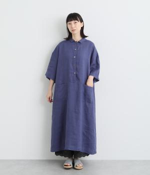 リネンポロカラー6分袖ワンピース(ダークブルー-ONESIZE)