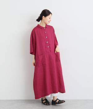 リネンポロカラー6分袖ワンピース(レッド-ONESIZE)